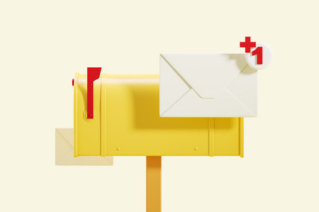 Yellow mailbox with received message, paper envelope with red notification on yellow background....