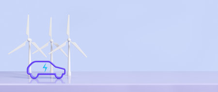 Wind power station with abstract electric car on purple podium, copy space empty blue background. Concept of alternative fuel and renewable sources. 3D renderingの写真素材