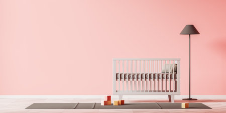 Pink baby girl room interior with wooden crib and toys on carpet, lamp on hardwood floor. Mockup copy space empty wall. 3D renderingの写真素材