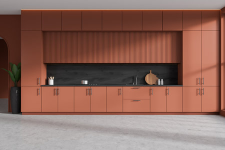 Dark kitchen interior with cooking space with sink and stove, brown cabinet with minimalist kitchenware and plant on gray concrete floor. 3D renderingの写真素材