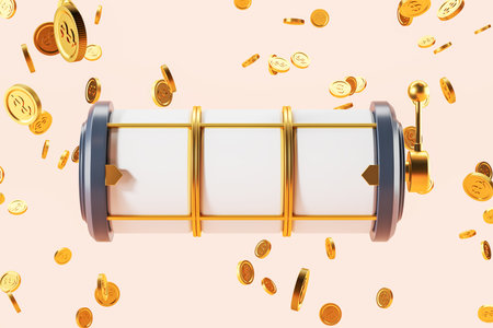 Casino machine with mock up empty blank slots and falling gold coins on pink background. concept of...