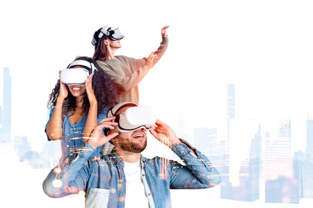 Business people wearing casual wear and vr googles watching at metaverse reality. city skyscrapers....