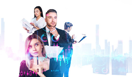 Group of business people work together having conference meeting discussing increasing corporate trading profit. City skyscrapers, forex candlestick and graph. Concept of teamwork and cooperationの写真素材