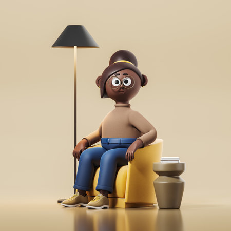 African cartoon woman in a cozy armchair, concrete floor. Relaxing zone with lamp and coffee table with books. Concept of comfort and rest. 3D renderingの写真素材