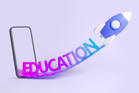 Smartphone mock up empty screen and rocket take off, purple background. Concept of online education and mobile app. 3D renderingの写真素材