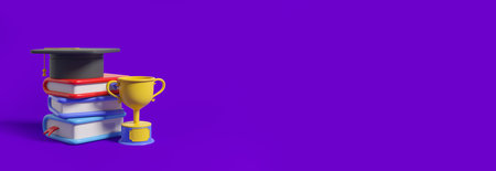 Pile of books, graduation cap and gold champion cup on empty copy space violet background. Concept of education and achievement. 3D renderingの写真素材