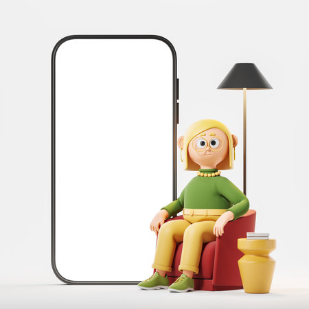 Cartoon woman sitting in a cozy armchair, large mockup blank smartphone screen. Concept of online consultation and doctor help. 3D renderingの写真素材
