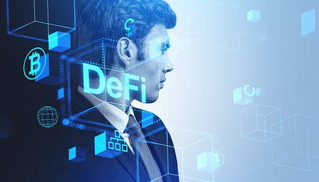 Businessman portrait silhouette and DeFI hologram with icons. Financial system, cryptocurrency and blockchain. Concept of digital asset managementの写真素材