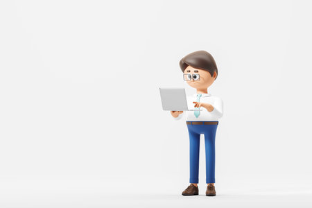 3d rendering. Cartoon character man working with laptop, empty copy space background. Concept of...
