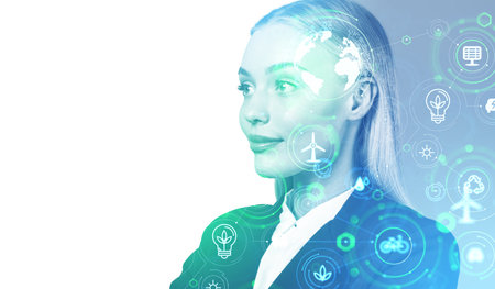 Businesswoman portrait silhouette and earth sphere hologram. Glowing eco hud icons double exposure...