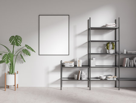 Interior of minimalistic living room with white walls, concrete floor, bookcase and vertical mock up poster frame. Big potted plant in the corner. 3d renderingの写真素材