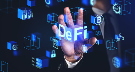 Unrecognizable businessman using immersive decentralized finance interface over blurry blue background. Concept of cryptocurrency. double exposureの写真素材