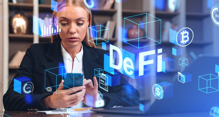 Businesswoman with phone, decentralized finance DeFI hologram. Financial system, cryptocurrency and blockchain. concept of internet moneyの写真素材
