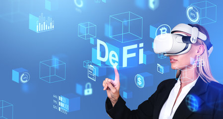 Portrait of young businesswoman in VR goggles using immersive decentralized finance interface over blurry blue background. concept of blockchain. double exposureの写真素材