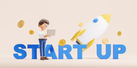 3d rendering. Cartoon character businessman with laptop. Large rocket take off, falling money and...
