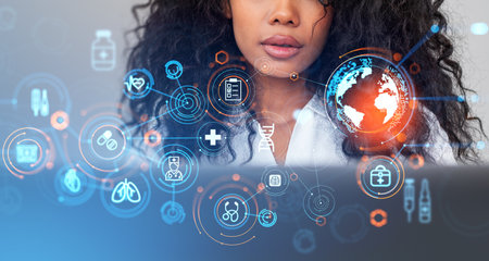 Unrecognizable young African American woman using laptop with double exposure of blurry immersive...
