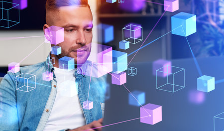 Businessman portrait using laptop, double exposure with digital hologram of blocks floating and...
