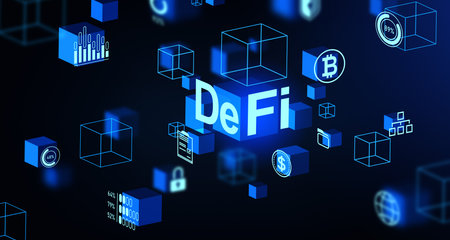 Decentralized finance DeFI hologram. Financial system, cryptocurrency and blockchain. Concept of financial communication and digital asset. 3D renderingの写真素材