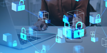Woman hands with laptop and phone, glowing padlock icon with data blocks. Double exposure with...