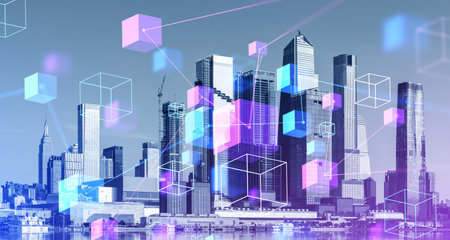 Blurry immersive blockchain interface over New York Hudson Yards financial district cityscape background. Concept of cryptocurrency and hi-techの写真素材