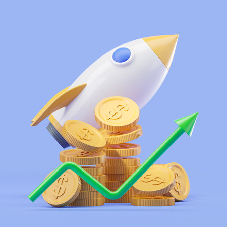 3d rendering. Large rocket take off, rising graph line with stack of gold coins falling. Concept of investment and successful start up. Illustrationの写真素材