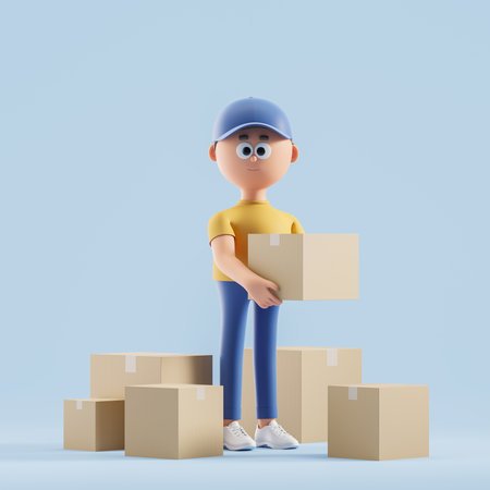 Man loader in blue cap and yellow t shirt holding boxes over blue background. Concept of moving and...