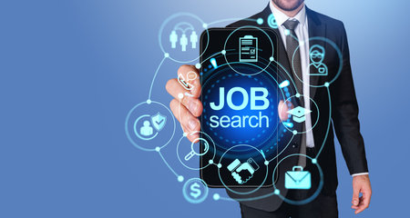 Businessman hand show smartphone screen with job search virtual hologram and icons. Social network and head hunting online. Concept of mobile app and websiteの写真素材