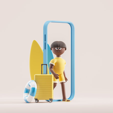 3d rendering. Black cartoon character man with suitcase walking out large smartphone. Beach accessories, online tour booking and tickets. Concept of travel and vacation illustrationの写真素材