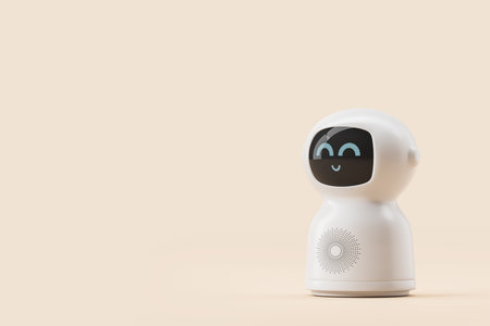 Cute smiling white artificial intelligence bot standing over beige background. Concept of AI and machine learning. 3d rendering, mock upの写真素材