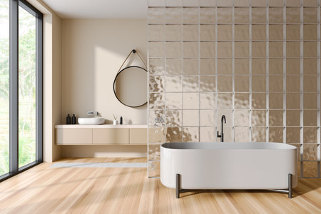 Interior of stylish bathroom with beige walls, wooden floor, comfortable white bathtub and round sink with mirror. 3d renderingの写真素材