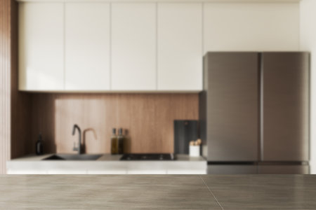 Stone empty bar countertop on background of minimalist home kitchen interior, fridge, cooking area and kitchenware. Mockup copy space for product display. 3D renderingの写真素材