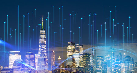 New York Manhattan skyline at night, double exposure of growing arrows and metaverse abstract lines....