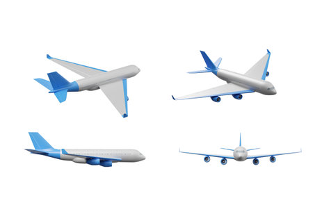 Airplane flying on white empty background, four items from different angles. Concept of tourism,...