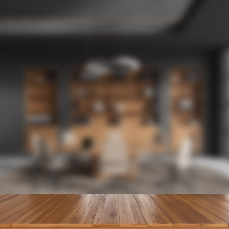 Mock up empty wooden desk for product display, blurred conference room interior with shelf and board. Modern meeting area in business company. 3D renderingの写真素材