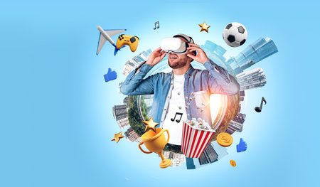 Smiling man in vr glasses playing a video game, earth sphere with entertainment icons and immersive...