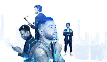 Four businessman with pensive and smiling portrait silhouette. Double exposure with stock market lines and candlesticks, skyscrapers overlay. Concept of consulting and analysisの写真素材