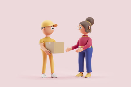 3d rendering. Cartoon character man courier handing a cardboard parcel to a woman, pink background....
