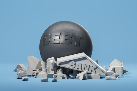 Large ball lettering DEBT ruined a bank, blue background. financial problem and failure. Concept of collapse, crisis and bankruptcy. 3D rendering illustrationの写真素材