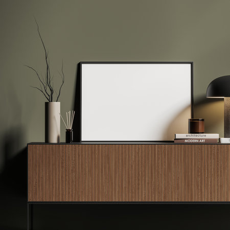 Interior of modern living room with green walls, wooden dresser and horizontal mock up poster frame standing on it. 3d renderingの写真素材