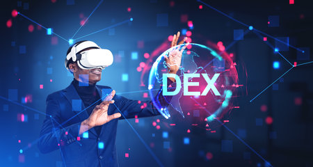 Black businessman in virtual reality, wearing vr glasses and hands touch DEX hologram. Financial communication, and cryptocurrency exchange. Concept of virtual bankingの写真素材