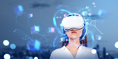 Businesswoman portrait in vr glasses, colorful data blocks floating in cyberspace, information...