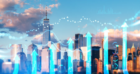 New York Manhattan cityscape at sunset, double exposure rising glowing arrows and forex diagram with bar chart and analysis. Concept of business growth and developmentの写真素材