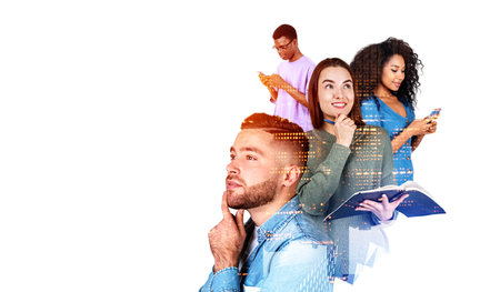 Four business people working together, thinking and smiling portrait on empty copy space background....