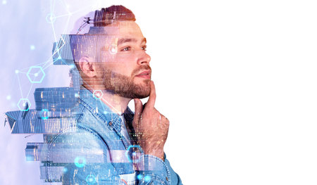 Dreaming man silhouette with New York skyscrapers double exposure, glowing connection lines. Thinking about new business project, idea and start up on copy space white backgroundの写真素材