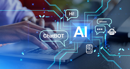 Black man fingers typing on laptop keyboard, AI hologram with chatbot and online communication, speech bubble. Concept of machine learning and work process increaseの写真素材