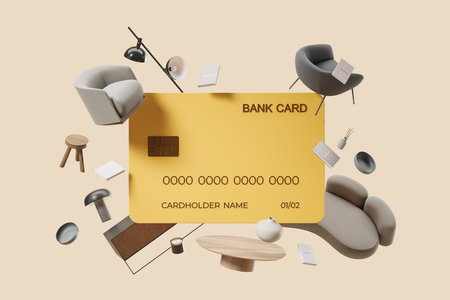 Yellow bank credit card and modern minimalist home furniture floating, beige background. Concept of...