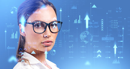 Portrait of beautiful young businesswoman in glasses with double exposure of immersive network...