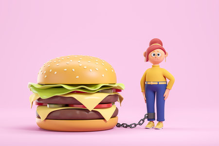 View of cartoon woman with red hair chained to big burger over pink background. Concept of fast food and dieting. 3d renderingの写真素材