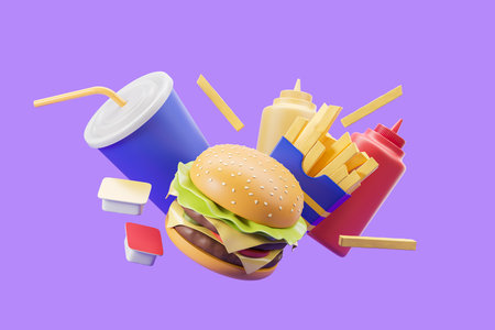 Cheeseburger, French fries, drink, ketchup and mustard over purple background. Concept of fast food and nutrition. 3d renderingの写真素材