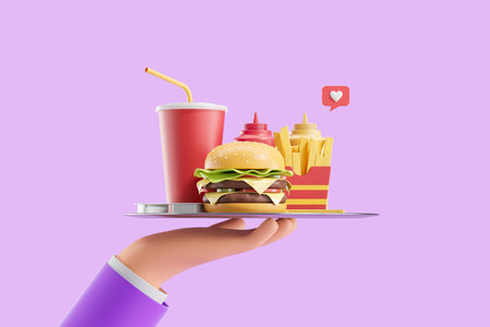 Cartoon man hand holding tray with fast food over purple background. Concept of fast food and nutrition. 3d renderingの写真素材
